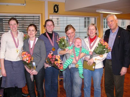 Vinnerlaget f.v.: Maja Rom Anjer, Stine Holmøy, Pernille Lindaas, Lise Blågestad, Inger Hjellemarken og gen.sekr. Rune Handal